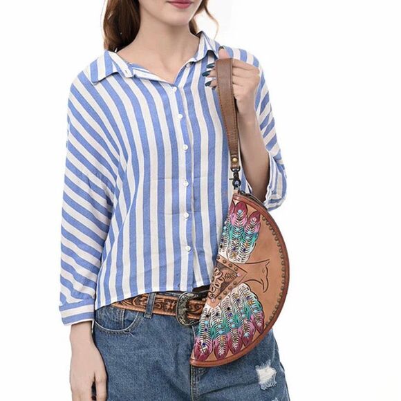 American Darling Tooled Leather Feather Headdress Wristlet Hand Painted Studded - Picture 4 of 6